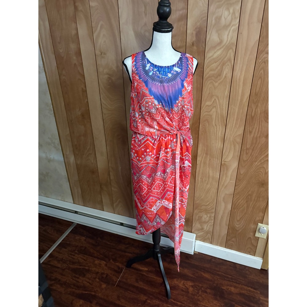 Indikah Red Orange Geometric Chevron Print Sleeveless Wrap Front Midi Dress 10